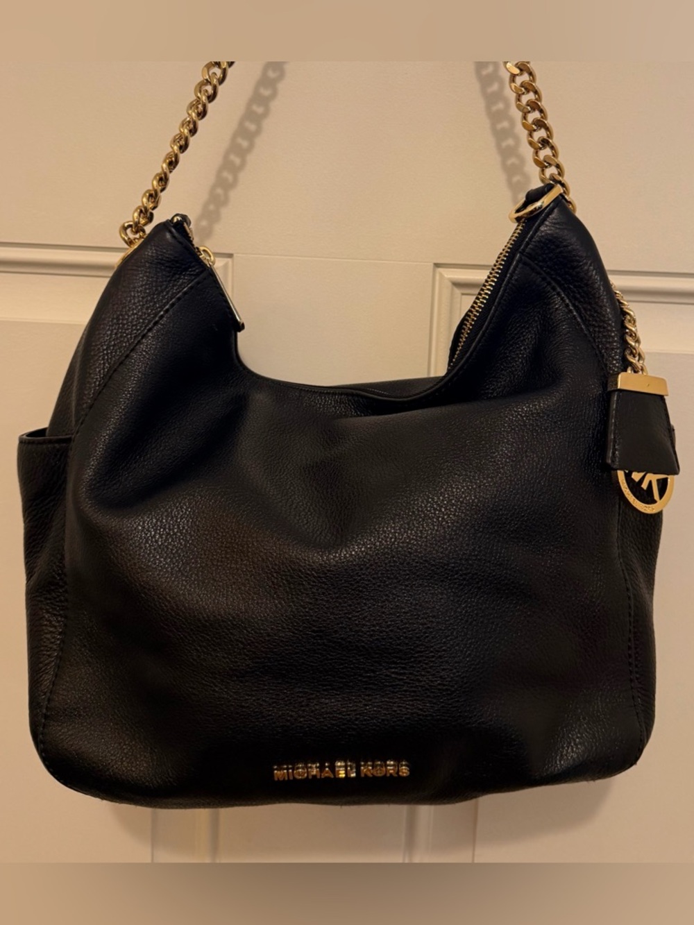 Michael Kors Black Pebble Leather Shoulder Bag with Gold Chain Strap